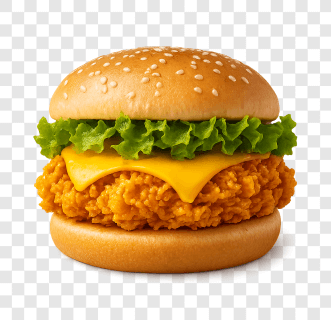 Crispy chicken burger with lettuce and cheese in PNG format