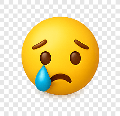 Sad crying emoji face with single blue tear, PNG image.