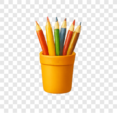 Bright yellow pencil cup with colored pencils PNG